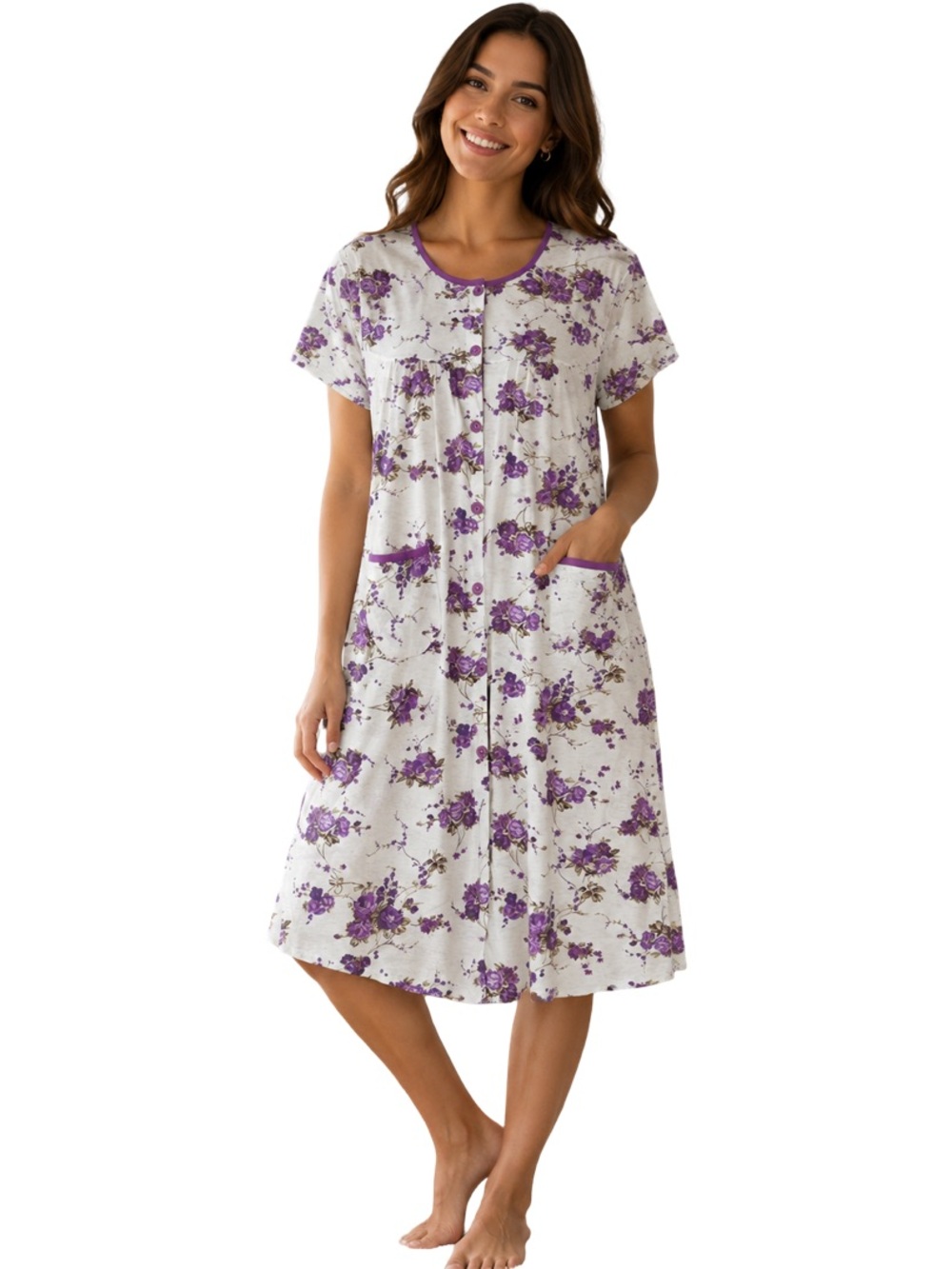 Cotton Blend Women's Flowery Short Sleeve Purple & white  Botton Down  Gown XL